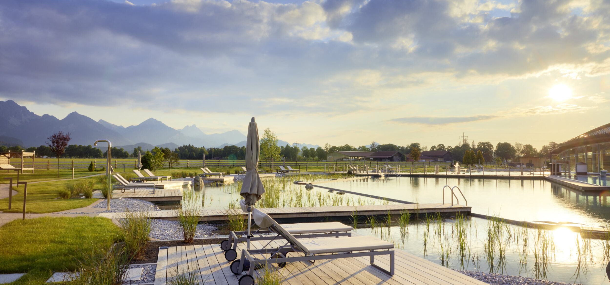Aerial view of the pool area at the “König Ludwig” Wellness & SPA Resort Allgäu in Schwangau