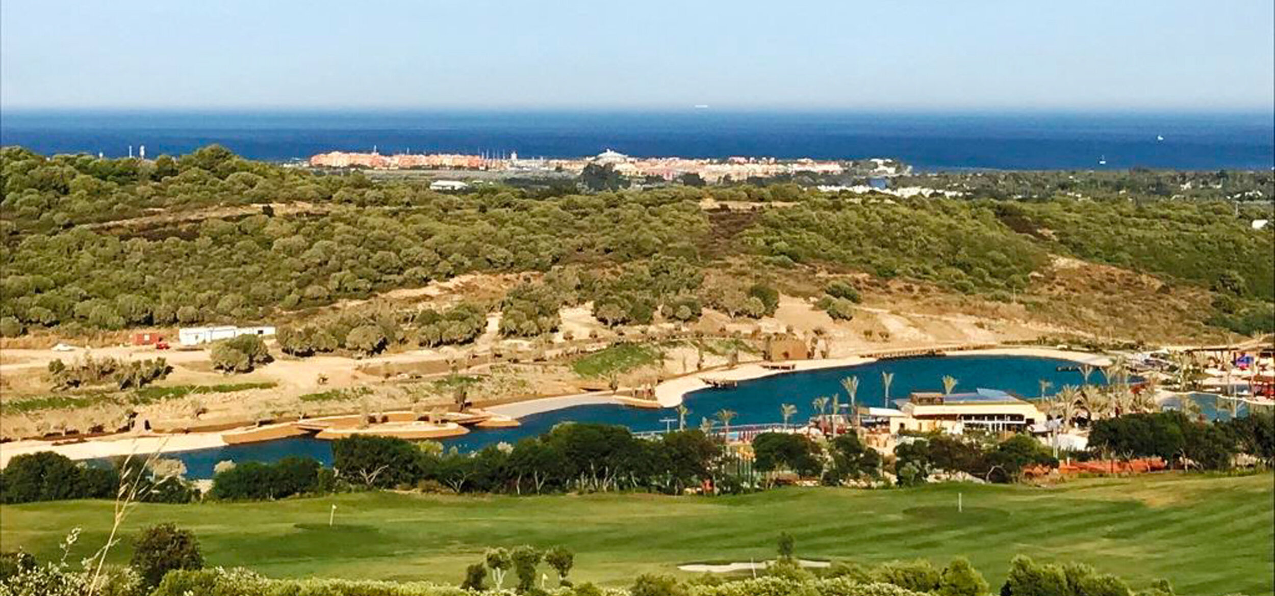 Aerial view of the “Spain Beach Club” in Sotogrande, Spain, with large water area