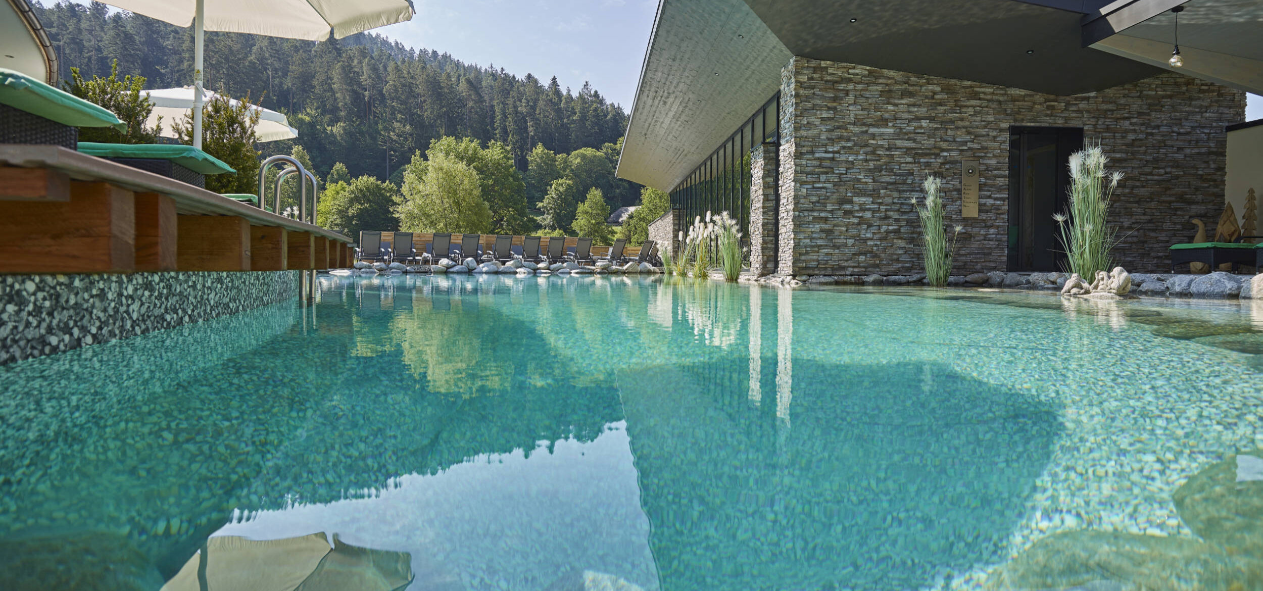 View from the Balena swimming pond to the “Heselbacher Hof” wellness hotel in Baiersbronn